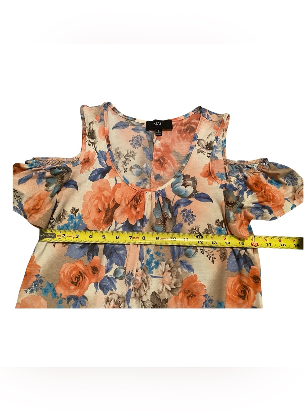 NAIF Peach and Blue Floral Cold-Shoulder Blouse, Size Small - Picture 7 of 8